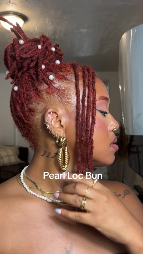 Loc Styles With Bobby Pins, Locs With Pearls, Locs Hairstyles Wedding, Wedding Loc Hairstyles, Formal Loc Styles, Wedding Loc Styles, Loc Buns, Lock Styles, Flower Bun