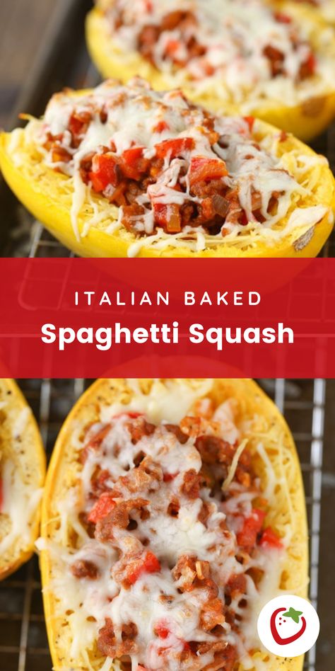 Italian Baked Spaghetti Squash with veggies, Italian sausage, cheese and marinara! You may never have pasta spaghetti again! #spaghettisquashrecipes #healthydinnerrecipes #kidfriendlydinners #bakedspaghettisquash Stuffed Spaghetti Squash With Italian Sausage, Spaghetti Squash And Italian Sausage, Spaghetti Squash Italian Sausage Recipes, Italian Sausage Spaghetti Squash, Spaghetti Squash Italian Sausage, Spaghetti Squash And Sausage Recipes, Spaghetti Squash With Sausage, Spaghetti Squash Sauce, Baked Spaghetti Squash Casserole