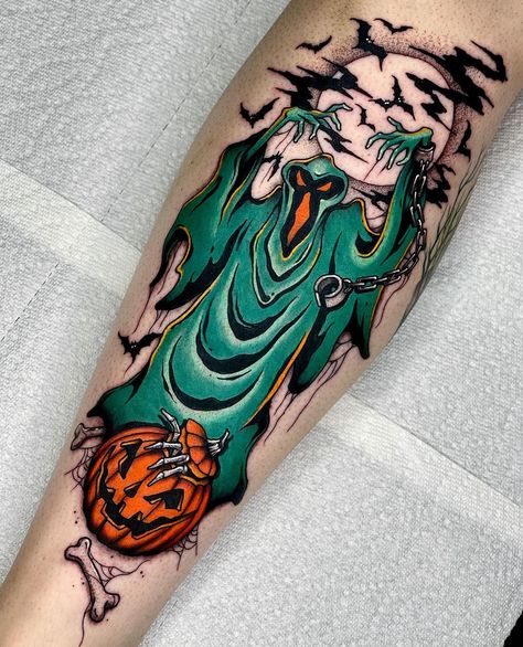 Scooby Doo Ghost, Mario Tattoo, Taboo Tattoo, Pumpkin Tattoo, Green Ghost, Scary Tattoos, Spooky Tattoos, Horror Lovers, Horror Tattoo