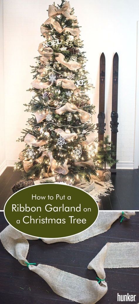 Ribbon Down The Christmas Tree, Word Garland On Christmas Tree, Using Burlap On Christmas Tree, Tulle Garland Christmas Tree, Horizontal Ribbon On Christmas Tree, Burlap Ribbon Christmas Tree Easy Diy, How To Add Beaded Garland To Christmas Tree, Real Christmas Tree Ribbon, Burlap Tree Garland