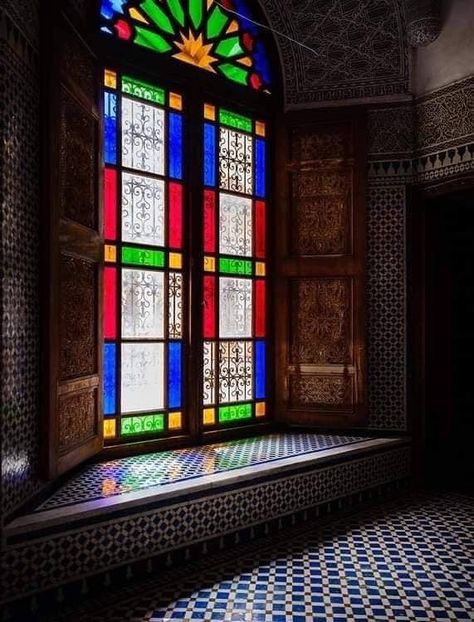 Tinted Glass Window, Moroccan Window, Bahia Palace, Morocco Marrakech, Fez Morocco, Window Reflection, Moroccan Art, Tinted Glass, Architectural Sketch