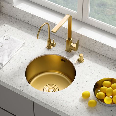 Nano Gold Kitchen Sink 14.17*14.17" Mini Small Round Sink Single Kitchen Sink Prep Bowls Kitchen Sink, Mini Sink Kitchen, Round Sink Kitchen, Small Sink Kitchen, Gold Sink Kitchen, Butlers Kitchen, Round Kitchen Sink, Gold Kitchen Sink, Single Kitchen Sink