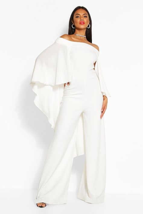 Off The Shoulder Wide Leg Extreme Cape Jumpsuit | boohoo Androgynous Wedding, Cape Jumpsuit, Chiffon Jumpsuit, Look Festival, White Elegance, Off Shoulder Jumpsuit, Jumpsuit Elegant, Jumpsuit Online, White Off Shoulder