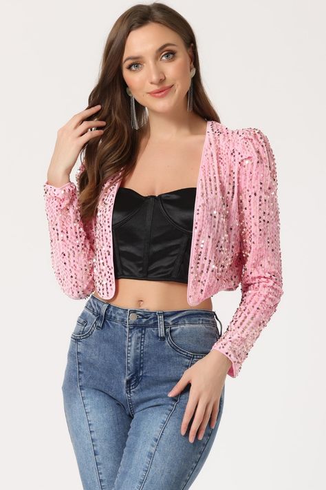 The sequin blazer is embellished with sparkling sequins, and its eye-catching and trendy style helps you stand out in a crowd. The blazer is really cute and very sparkly. #women #sequin #shiny #party #club #blazer Sequin Shrug, Clubbing Outfit, Festival Jacket, Cropped Blazer Jacket, Puff Jacket, Winter Knit Hats, Crop Blazer, Puff Long Sleeves, Women's Jackets