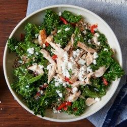 Greek Kale Salad with Quinoa & Chicken - EatingWell.com Kale Salad With Quinoa, Quinoa Kale Salad, Clean Eating Food List, Salad With Quinoa, Beach Recipes, High Protein Salads, Quinoa Kale, Kale Quinoa, Kale Quinoa Salad