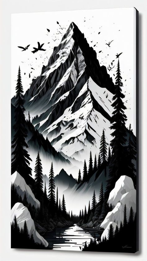 Misty Mountains Tattoo, Wilderness Tattoo Design, Mountain Stream Tattoo, Forest Tattoo Stencil, Nature Tattoo Stencil, Mountains Tattoo Design, Landscape Tattoo Design, Forest Tattoo Design, Nature Tattoo Designs