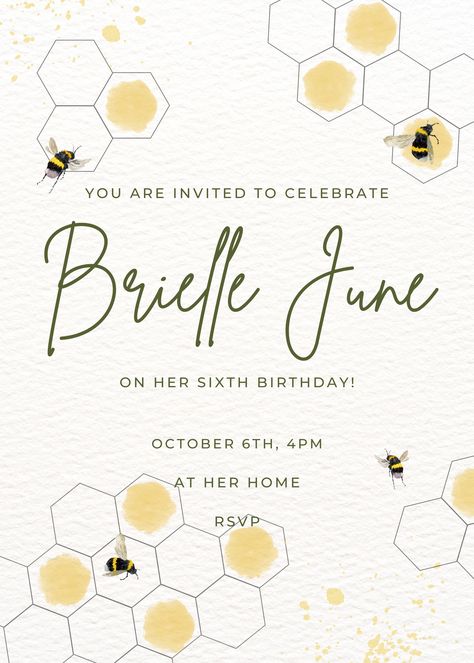 Honeybee bumblebee bee invite invitation minimal cute yellow canva birthday baby shower girls boys honeycomb Bee Invitations, Party Inspo, You Are Invited, Honeycomb, Shower Ideas, Bee, Baby Shower, Shower, Yellow