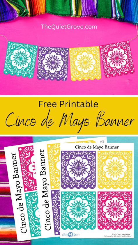 Are you looking for a free printable Cinco de Mayo Banner to decorate with for the holiday? You'll love this Papel picado-style paper banner. #CincoDeMayo #CincoDeMayoPrintable #FreePrintable #PrintableBanner Mexican Printables Free, Fiesta Svg Free, Papel Picado Template Printable Free, Fiesta Banner Printable, Papel Picado Template, Cinco Party, Mexican Banner, Mexican Theme Party Decorations, Mexican Papel Picado