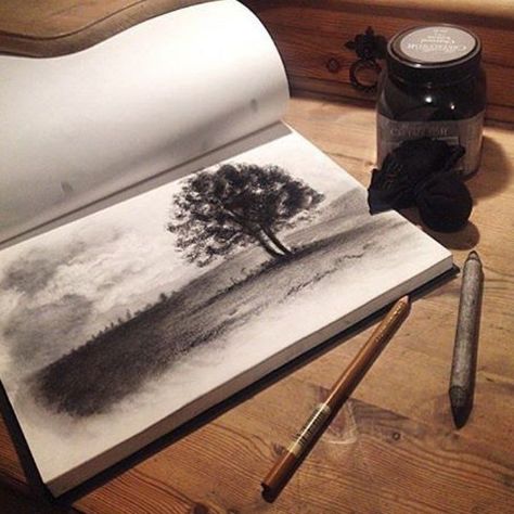 Landscape Art Lessons, Landscape Sketch, Charcoal Sketch, Charcoal Art, Landscape Drawings, Charcoal Drawing, Book Art Drawings, Sketchbook Drawing, Cool Art Drawings