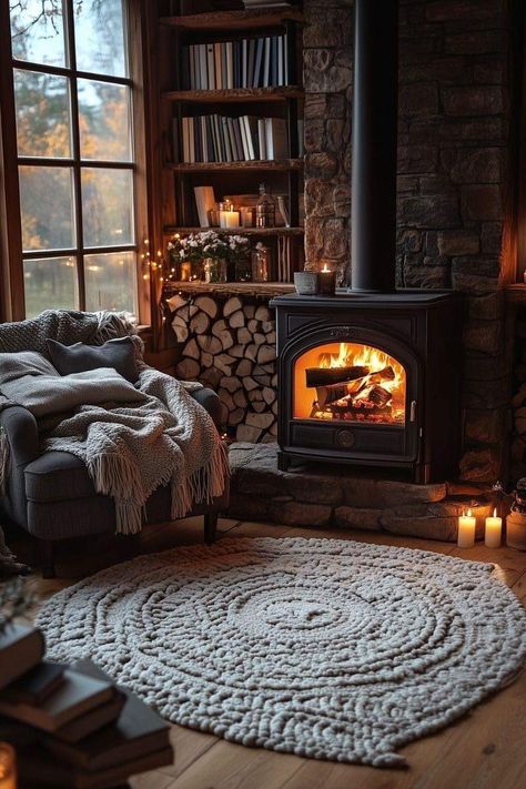 Cozy Cottage Home Aesthetic, Cozy Cabin Vibes, Armchairs Fireplace, Fireplace Aesthetic Cozy, Autumn Aesthetic Cozy Home, Reading By Fireplace, Fireplace Armchair, Cozy Fireplace Aesthetic, Reading Fireplace