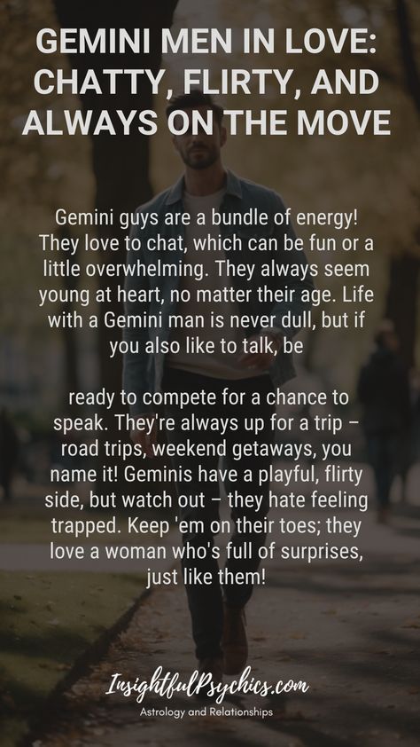 Gemini men are talkative, adventurous, and flirty. They love to stay active, but don't try to tie them down. To keep a Gemini interested, be just as unpredictable! : #gemini #love #relationships #zodiac #astrology #airsign #Geminiman #geminimen Gemini Traits Men, Scorpio And Gemini Relationship, Gemini Man Traits, Gemini Men Relationships, Gemini Male, Gemini Man In Love, Gemini Relationship, Gemini Characteristics, Gemini Zodiac Quotes