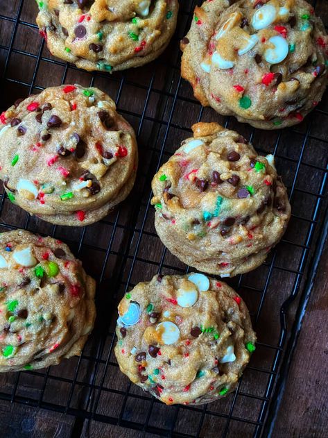 Christmas Chocolate Chip Cookies - The Skinnyish Dish Chocolate Chip And Sprinkle Cookies, Christmas Chocolate Chip Sprinkle Butter Cookies, Santa Chocolate Chip Cookies, Easy Work Appetizers, Chocolate Chip Holiday Cookies, Festive Chocolate Chip Cookies, Christmas Chip Cookies, Funfetti Christmas Cookies, Christmas Cookies With Oreos