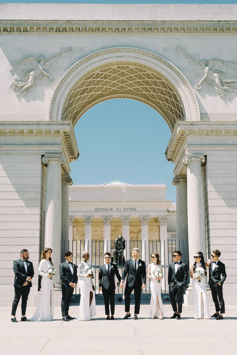 The duo took portraits all over the city on their wedding day. They posed for photos at mutiple landmarks, including the Legion of Honor Fine Arts Museum pictured here, from dawn to dusk. Fine Arts Museum, Classic Romantic Wedding, Green Centerpieces, San Francisco City Hall Wedding, Martha Weddings, Legion Of Honor, The Legion, San Francisco City Hall, City Hall Wedding