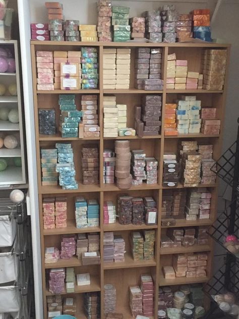 Soap Making Station, Soap Making Storage, Soap Making Studio Ideas, Soap Studio Ideas, Soap Storage Ideas, Bath Salts Display, Soap Making Room, Soap Making Studio, Soap Studio