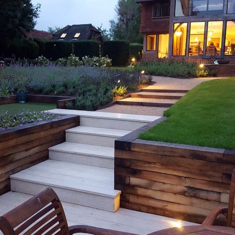 Wide Garden Steps Ideas, Breedon Gravel, Garden Steps Ideas, Retaining Wall Ideas, Sleepers In Garden, Oak Sleepers, Pathway Ideas, Sloped Backyard Landscaping, Ideas For Garden