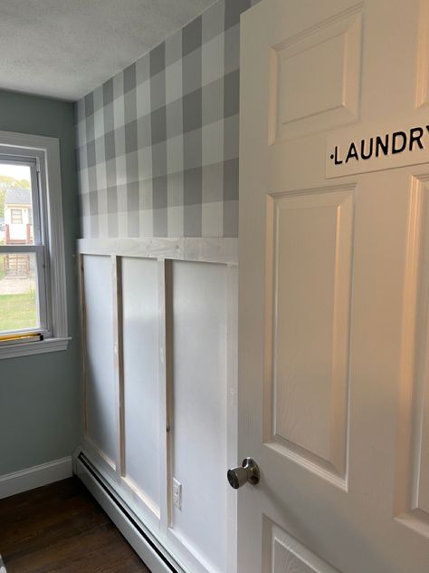 Laundry room makeover with plaid wallpaper and board and batten Buffalo Plaid Wallpaper Bathroom, Painted Board And Batten With Wallpaper, Wallpaper Background Laundry Room, Plaid Wallpaper Laundry Room, Board And Barton With Wallpaper, Laundry Room With Wainscoting, Plaid Wallpaper Bathroom, Laundry Room Board And Batten, Wallpaper And Board And Batten