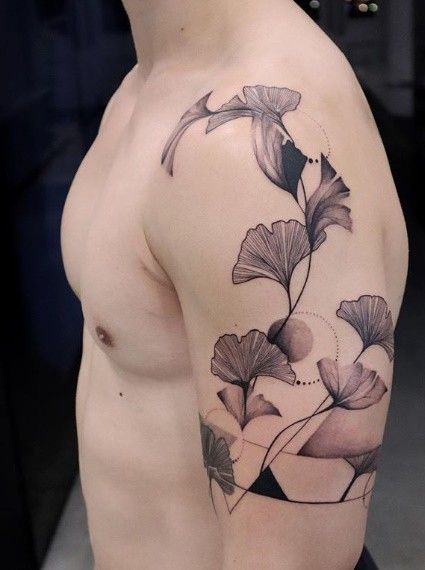 Realistic Ginkgo tree leaves done by @trudy_nyc in New York | www.otziapp.com Cool Shoulder Tattoos, Solid Black Tattoo, Mens Shoulder Tattoo, Foot Tattoos For Women, Tattoos For Women Flowers, Muster Tattoos, Aztec Tattoo, Flower Tattoo Shoulder, Tattoo Cover Up