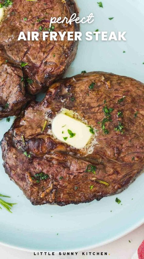 Air Fryer Steak is the easiest dinner to make! You only need 4 ingredients for this juicy ribeye steak in the air fryer that’s ready in 15 minutes. Steak In The Air Fryer, Steak Cooking Chart, Steak With Garlic Butter, Air Fry Steak, Garlic And Herb Butter, Air Flyer, Easiest Dinner, Round Steak Recipes, Little Sunny Kitchen