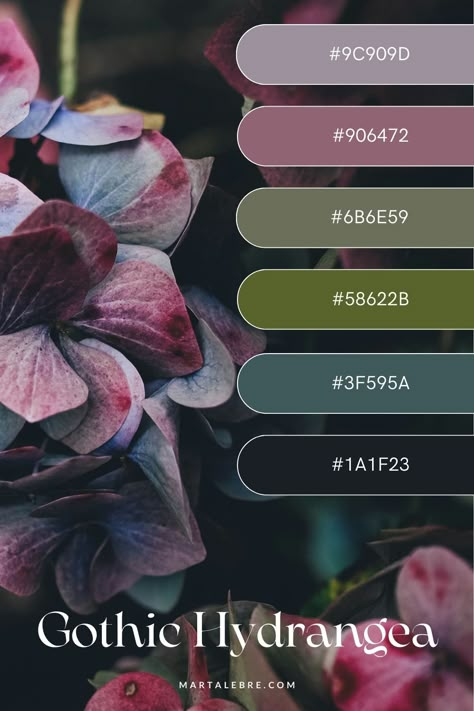 9 Dark Academia Color Palettes for a Timeless Brand - Marta Lebre Moody Paint Color Palette, Dark And Moody Wedding Color Palette, Muted Vintage Color Palette, Library Color Palette, Hydrangea Color Palette, Academia Color Palette, Dark Green Color Palette, Dark Academia Color Palette, Charcoal Color Palette