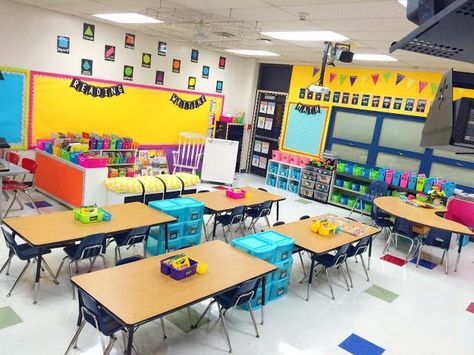 Classroom Organization Ideas from First Grade Made Long Classroom Layout, Classroom Storage With Tables, Storage For Tables In Classroom, Classroom Table Organization Storage, Classroom Set Up With Tables, Student Storage For Tables, Classroom Table Setup, Classroom With Tables Instead Of Desks, Classroom Library Ideas Kindergarten