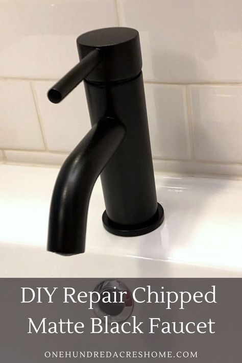 How to DIY repair chipped black paint in your matte black faucet. Get your faucet back to new. Steps and tools used. How To Clean Black Faucets, Black Sink Faucet, Kitchen Faucet Repair, Black Faucets, Matte Black Bathroom Faucet, Black Bathroom Faucet, Matte Black Faucet, Chipped Paint, Matte Black Bathroom