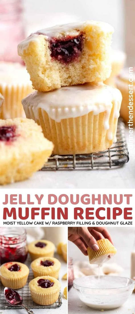 Jelly Doughnut Muffins are easy-to-make, moist, yellow cakes filled with sweet raspberry jam and dusted with powdered sugar. The perfect muffin and cupcake combo to enjoy for breakfast or dessert! Uses For Raspberry Jam, Jelly Donut Muffins, Jelly Muffins Breakfast, Raspberry Filled Muffins, Baking With Raspberry Jam, Raspberry Jelly Desserts, Jam Filled Muffins Recipe, Muffins That Taste Like Donuts Recipe, Doughnut Muffins Recipe