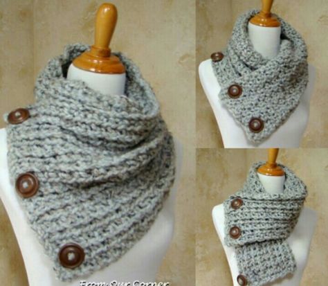 Love this scarf! Gray cable knit scarf able to wear 3 different ways! Scarf With Buttons, Crochet Pincushion, Button Scarf, Loop Scarf, Scarf Crochet Pattern, Crochet Cowl, Patterned Scarves, Scarf Pattern, Loom Knitting