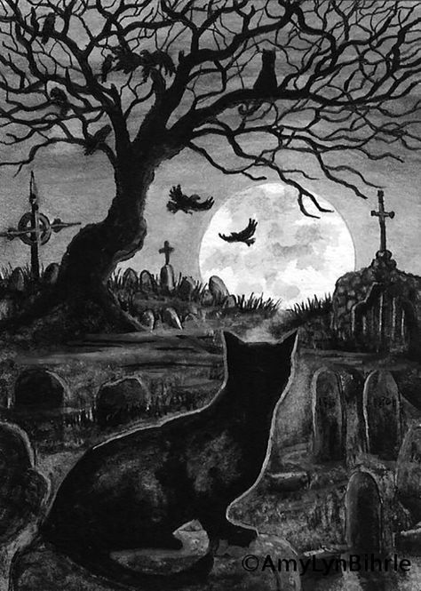 Old Gothic Art, Cat In Graveyard, Gothic Cats, Celtic Animals, Witchy Cat, Cat Dark, Gothic Fantasy Art, Halloween Artwork, Goth Art