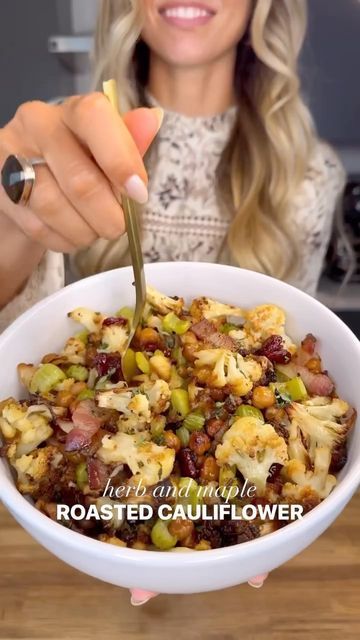 Healthy Food Prep 🌱🍳🥗🍝 on Instagram: "HERB AND MAPLE ROASTED CAULIFLOWER✨ by @olivia.adriance Thanksgiving for me is allll about the sides. I love the mix of savory and sweet that seems so characteristic of holiday food. Caramelized sweet potatoes, turkey and cranberry sauce, maple roasted brussel sprouts…its all heaven. Adding this cauliflower dish to my list of heavenly sides to look forward to!✨ Ingredients: 1 head of cauliflower, cut into small florets 1 can chickpeas, drained and rinsed Herb And Maple Roasted Cauliflower, Olivia Adriance Recipes, Maple Roasted Brussel Sprouts, Turkey And Cranberry, Healthy Food Prep, Healthy Thanksgiving Sides, Cauliflower Side Dish, Cleaning Eating, Thanksgiving 2023