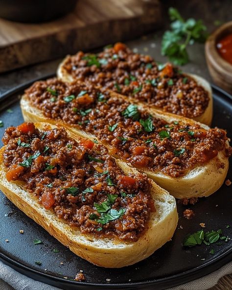 Garlic Bread Sloppy Joes 🧄🍞🍔 These Garlic Bread Sloppy Joes are a mouthwatering twist on the classic sloppy joe, using garlic bread as the base instead of traditional buns. Topped with savory ground beef and melted mozzarella cheese, they combine two comfort food favorites into one irresistible meal. Perfect for a quick and satisfying dinner! • Ingredients: • 1 lb ground beef • 1/2 cup tomato sauce • 1/4 cup ketchup • 1 tablespoon Worcestershire sauce • 4 slices garlic bread • 1/2 cup shredde... Garlic Bread Sloppy Joes, Sweet Chili Sauce Recipe, Dinner Ingredients, Hamburger Dishes, Sloppy Joe, Food Favorites, Ramadan Recipes, Food Drinks Dessert, Sloppy Joes