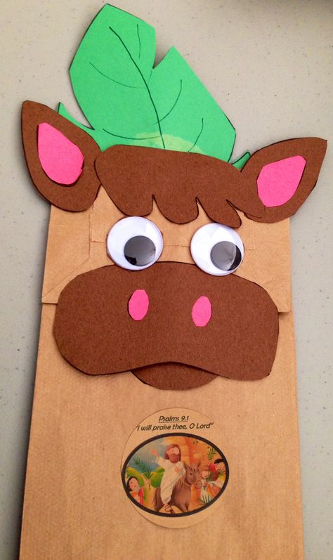 Palm Sunday Donkey Paper bag puppet Palm Sunday Crafts For Kids, Easter Bible Crafts, Bag Puppet, Triumphal Entry, Palm Sunday Crafts, Sabbath School, Paper Bag Puppets, Puppet Crafts, Bible Crafts For Kids