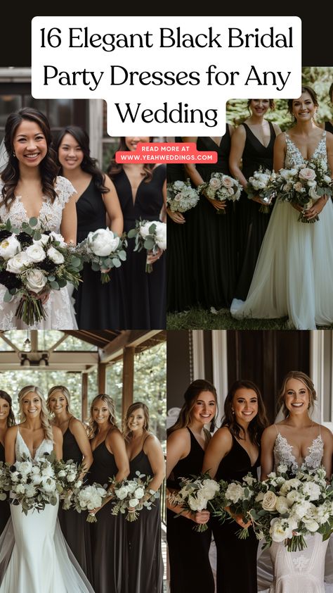 A stunning bride stands with her bridal party, all dressed in elegant black dresses, showcasing a timeless and chic style perfect for any wedding. All Black Bridal Party, Bridesmaid Dresses Styles, Bridal Party Looks, Black Bridal Party, Mumu Wedding, Wear Black Dresses, Black Bridesmaid, Gown Suit, Black Bridesmaids