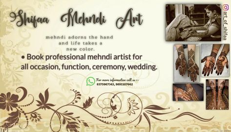 Designed My visiting card by myself. ❤️😍 Visiting Cards Design For Mehndi Artist, Mehndi Business Card, Mehndi Artist Visiting Card, Mehndi Visiting Card Design, Henna Business Card, Henna Cards Design, Mehndi Practice, Baby Mehndi, Baby Mehndi Design