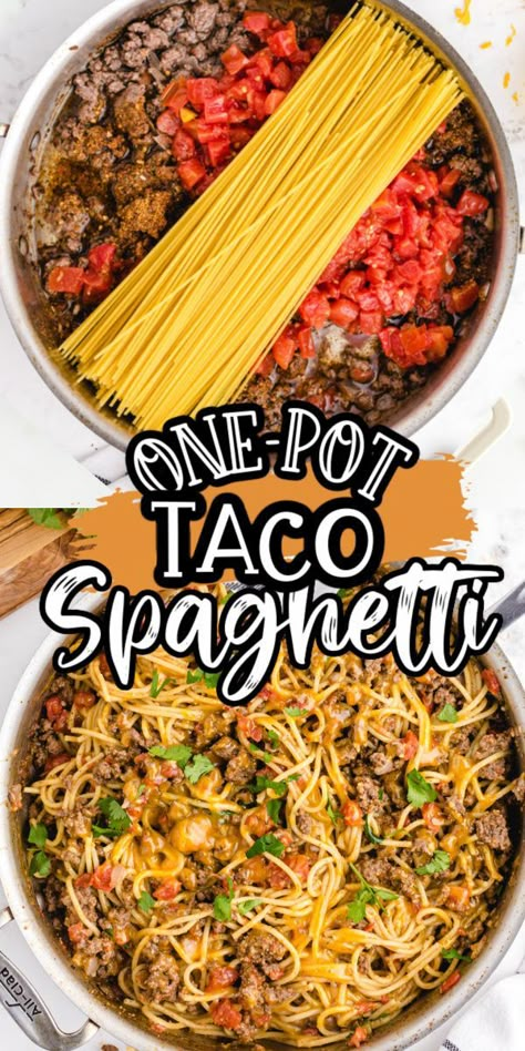 Taco spaghetti is a delicious Mexican casserole that brings tacos and spaghetti all made in one pan and ready in under 30 minutes! Picky eater approved! One Pot Taco Spaghetti, Beef Recipes Keto, Taco Spaghetti, Recipes With Ground Beef, One Pot Dinner, Ground Beef Recipes For Dinner, Recipes For Dinner, Beef Recipes Easy, Easy Casserole Recipes