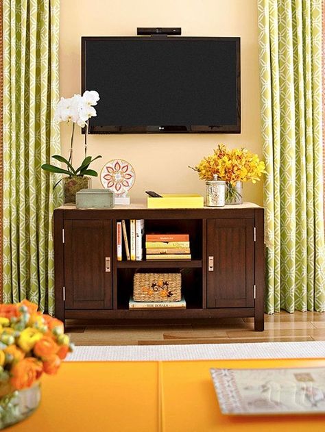 Decorating Around a Flat Screen TV Flat Screen Tv, Living Room Orange, Tv Design, Tv Size, Tv In Bedroom, Tv Decor, Living Room Tv Wall, Living Room Makeover, Living Room Tv