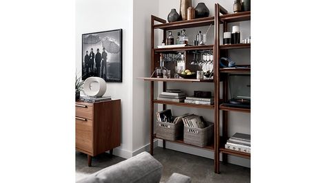 Tate Bookcase Bar + Reviews | Crate and Barrel Bookcase And Bar, Cb2 Bookcase, Bookshelf Bar Ideas, Bookcase Bar Ideas, Top Of Bookshelf Decor, Color Harmony Interior Design, Open Shelves Living Room, Organize Bookshelves, Playroom Bookshelves