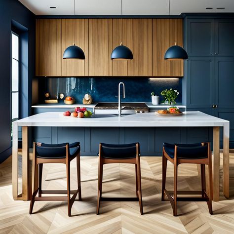 Blue And Oak Kitchen Cabinets, Blue And Wood Kitchen Ideas, Small Navy Kitchen, Navy And Wood Kitchen, Blue And Wood Kitchen, Navy Kitchen Ideas, Kitchen Navy, Kitchen Wallpaper Ideas, Modern Retro Kitchen