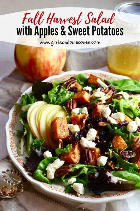 This irresistibly delicious Fall Harvest Salad with Apples and Sweet Potatoes is as pretty as a picture and tastes as good as it looks! Full of roasted sweet potatoes, juicy sliced apples, and crunchy roasted pecans, this healthy salad will remind you of a cool crisp Fall day. #fallharvestsalad, #fallsalad Apples And Sweet Potatoes, Fall Harvest Salad, Salad With Apples, Vegetable Salads, Autumn Salad Recipes, Sliced Apples, Harvest Salad, Sweet Potato And Apple, Roasted Pecans