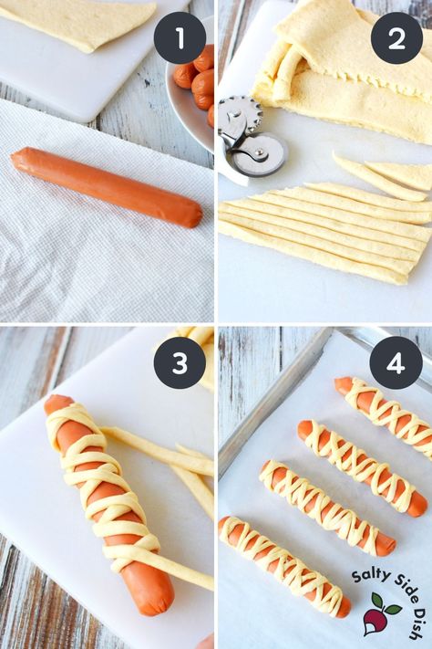 Mummy Hot Dogs with Crescent Rolls - Easy Side Dish Recipes Crescent Roll Mummy Dogs, Hot Dog Mummy Recipe, Crescent Mummy Dogs, Mummy Crescent Dogs, Mummy Wrapped Hotdogs, Croissant Hot Dogs Crescent Rolls, Halloweenies Hot Dogs, Hot Dog Mummies Crescent Rolls, Hot Dogs With Crescent Rolls