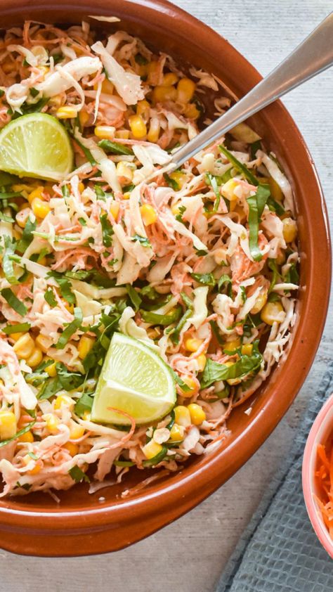 Fish Taco Coleslaw Recipe, Corn Slaw, Slaw For Fish Tacos, Spicy Cabbage, Spicy Coleslaw, Best Coleslaw Recipe, Slender Kitchen, Spicy Corn, Apple Slaw