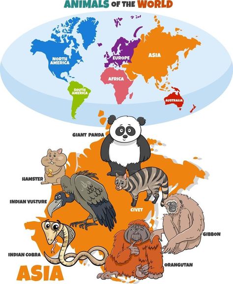 educational illustration of cartoon Asian animals and world map National Animals Of Countries, World Map With Continents, Asia Animals, Homeschooling First Grade, Geography Themes, Continents Activities, Asian Animals, World Map Continents, Cartoon Map