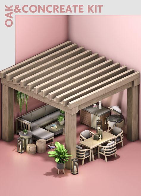 Oak&Concrete Patio Kit! | S-imagination on Patreon Sims 4 Cc Outdoor Kitchen, Sims 4 Astethic, Sims 4 Ikea Cc, Sims 4 Pack, The Sims 4 Pack, Patio Kits, Cc Packs, Furniture Cc, Die Sims 4