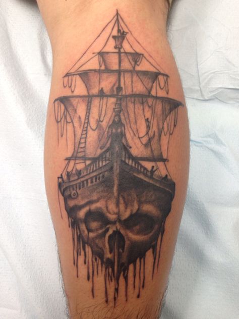 Finally got the start of my leg piece!!!! Excited to do the rest. Thank you ghost ship tattoo parlor in VA beach Ghost Ship Tattoo Design, Beach Calf Tattoo, Ship Skull Tattoo, Ghost Ship Tattoo, Underwater Sleeve, Kai Tattoo, Ship Tattoo Ideas, Viking Ship Tattoo, Ship Tattoo Sleeves