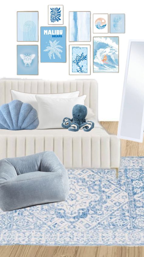 Blue And White Aesthetic Room, Costal Granddaughter Room Aesthic, Blue Beach Room, Preppy Blue Room, Blue And White Coastal Bedroom, Light Blue And White Bedroom, Room Ideas Blue, White Coastal Bedroom, Costal Bedroom