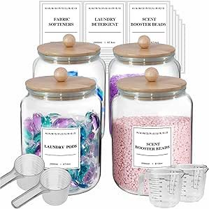 TAAMOG 4 Pack Glass Jars For Laundry Room Organization And Storage, Glass Containers with Lids, Include 18 Pre-Printed Labels, Bamboo Lids, Half Gallon, 2 Measuring Cup, 2 Spoon, Airtight Seal Laundry Room Container Ideas, Glass Organization, Glass Containers With Lids, Gallon Glass Jars, Dishwasher Pods, Detergent Laundry, Laundry Ideas, Laundry Pods, Laundry Scents