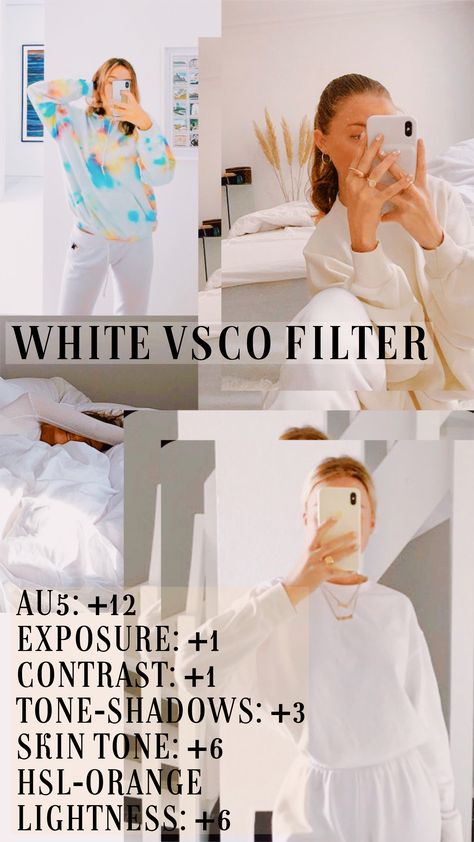 *I do not own the pictures used*  #vsco #vscofilter #preset #edit #lightroom #vscopresets #presets #fashion #white #aesthetic #aestheticedits #aestheticphotography #au5 #photography #iphone #mirror #mirrorselfie #tiedye Soft White Filter, Clean Filter Lightroom, Vsco Minimalist Filter, Vsco Filter Bright Clean, Vsco Filter Clean, Filter Recipes, Filter Presets, Vsco Filter Instagram, Edit Lightroom