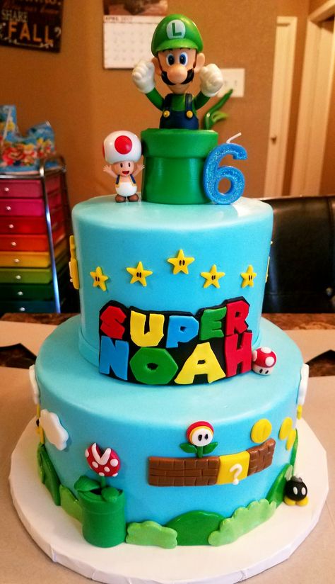 super mario birthday  cake Super Mario 2 Tier Cake, Super Mario Cake And Cupcakes, Luigi Cake Birthdays, Super Mario Brothers Birthday Cake, Luigi Birthday Cake, Super Mario Bros Cake, Super Mario Birthday Cake, Lego Torte, Luigi Cake