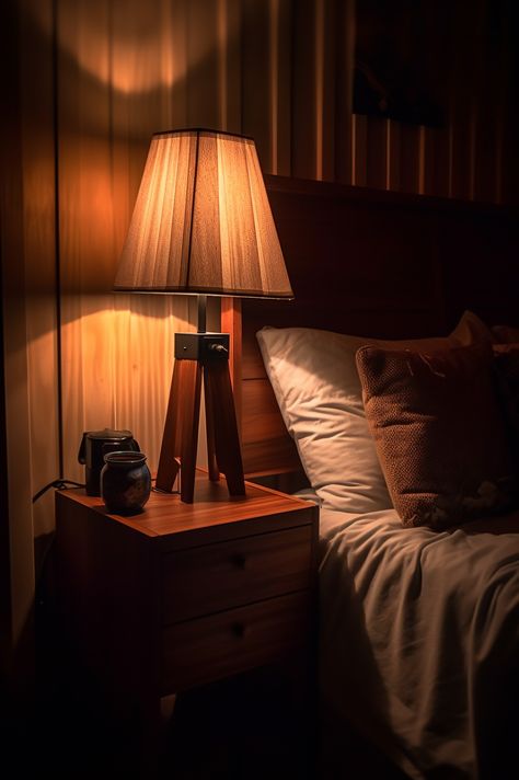 Low Light Bedroom Lamps, Bed Lamps Night Stands, Warm Lamp Bedroom, Warm Lighting Lamp, Bedside Lamp Aesthetic, Old Bedroom Aesthetic, Bedroom Lighting Night, Bedroom Nighttime, Night Lamp Aesthetic