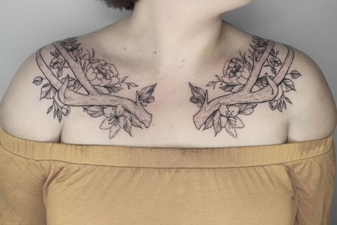 Antlers Chest Tattoo, Antler Chest Tattoo Female, Antlers Collarbone Tattoo, Deer Antler Chest Tattoo, Antler Collarbone Tattoo, Antler Collar Bone Tattoo, Chest Bone Tattoo, Antler Flower Tattoo, Deer Chest Tattoo