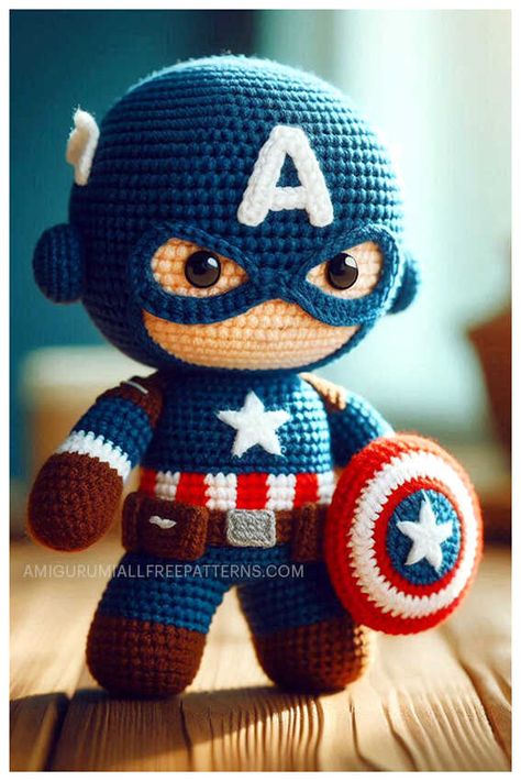 Captain America Doll Amigurumi Crochet Free Pattern Crochet Marvel Characters, Marvel Crochet Patterns, Spiderman Crochet Pattern Free, Captain America Crochet, Crochet Marvel, Marvel Crochet, Amigurumi Free Pattern Pdf, Crochet Top Pattern Summer, Character Crochet